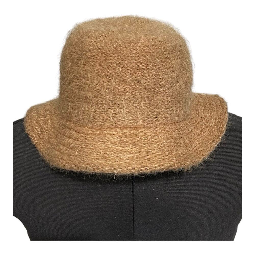 Lord & Taylor Vintage Fuzzy Knit Bucket Hat Camel Tan Brown Mohair Style Cloche